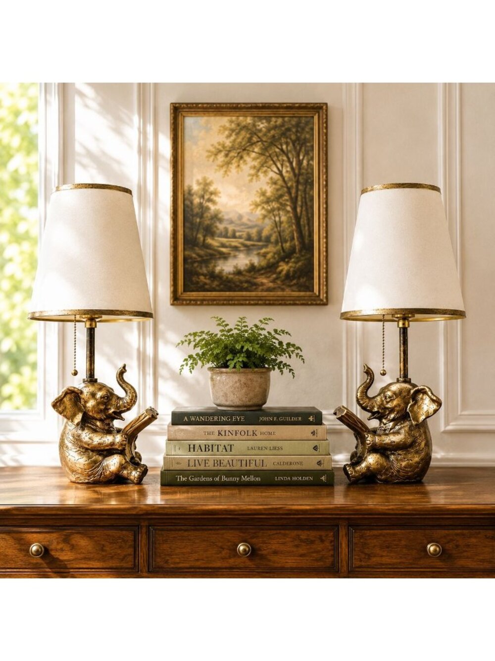 Vintage Elephant Table Lamp Pair With Brass Base & Fabric Shades Reading Pose 10